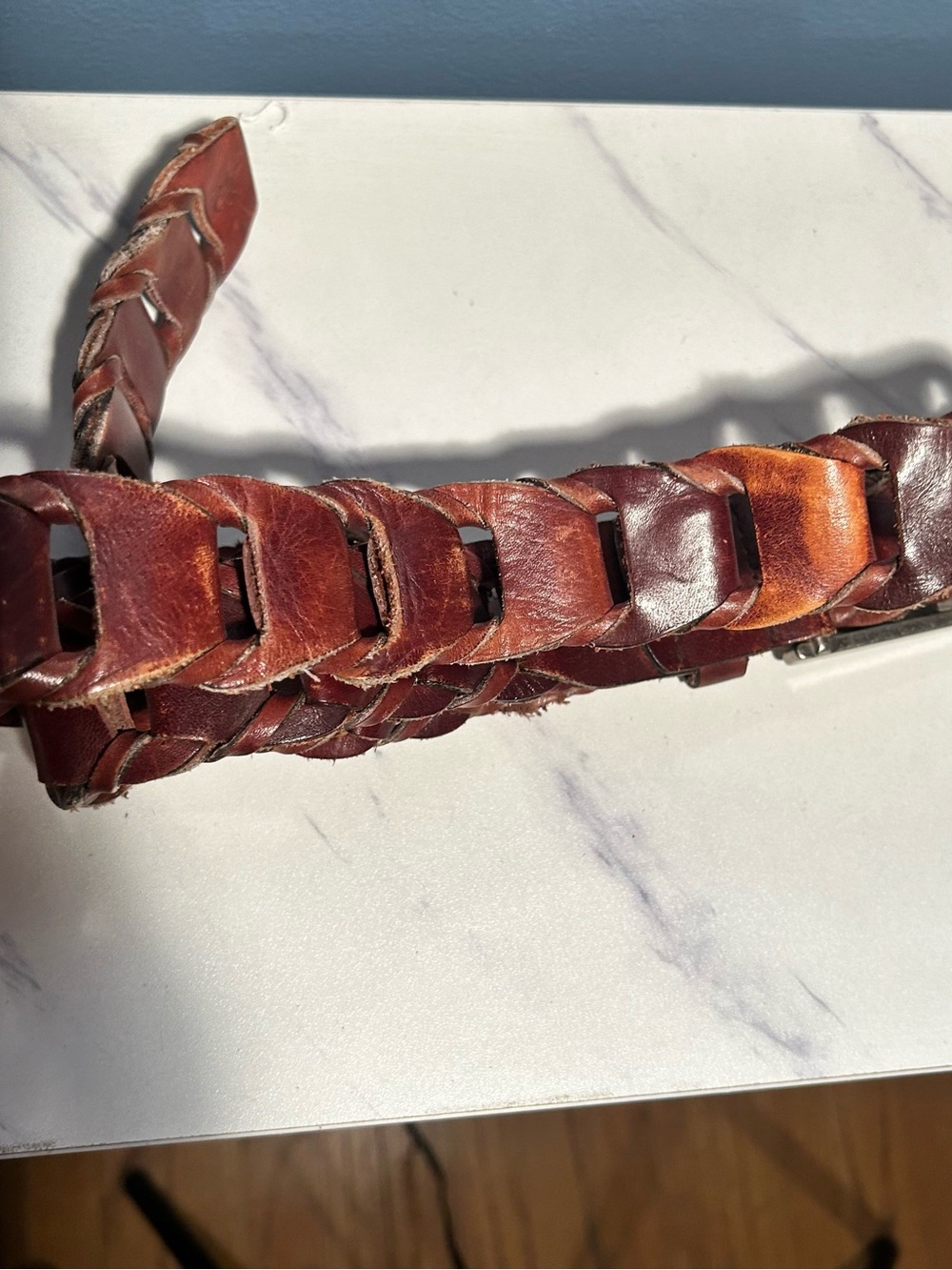 Calvin Klein Woven Brown Leather Belt with Brushed Silver Buckle - Picture 11 of 13